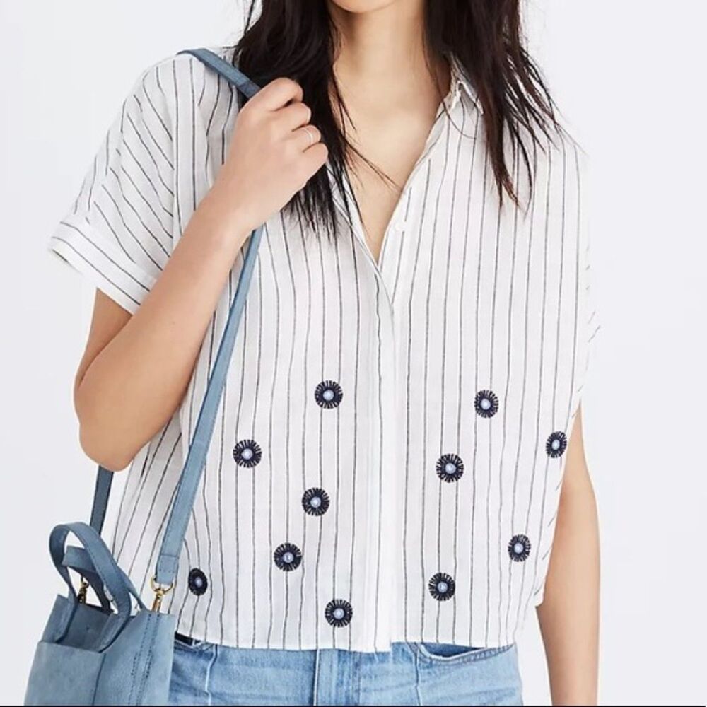 Striped Embroidered Button Front Top | Short Sleeve Collared Blouse